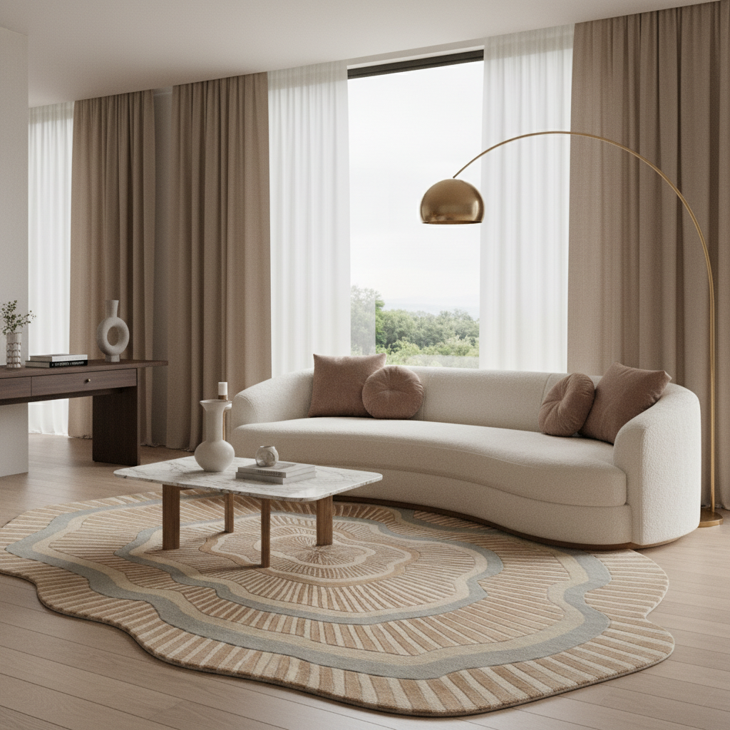 Modern living room with a white sofa, round rug, and decorative items.