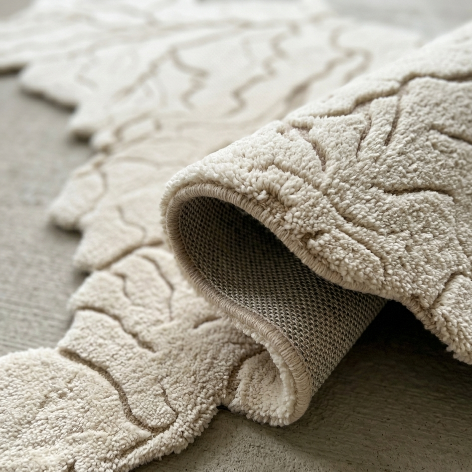 Close-up of a textured beige rug on a neutral background