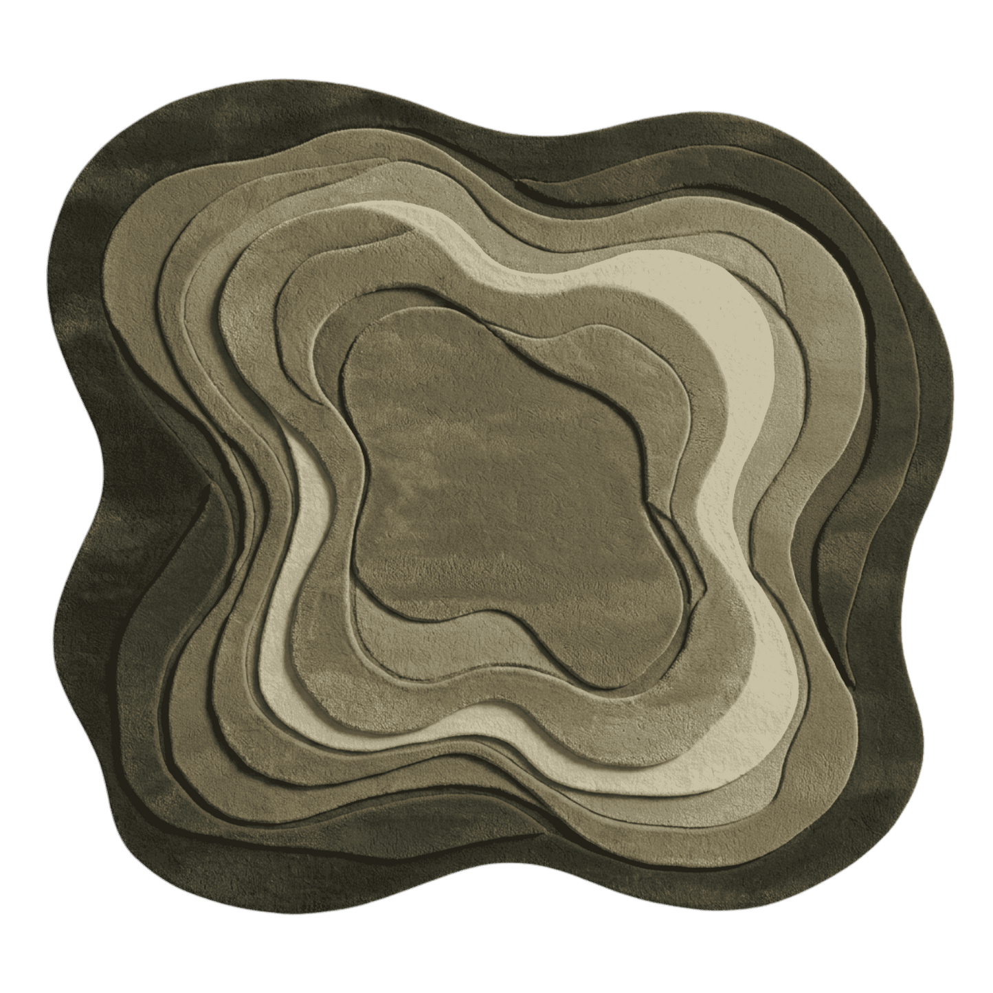 Rug with wavy, layered design in brown and beige tones on a transparent background