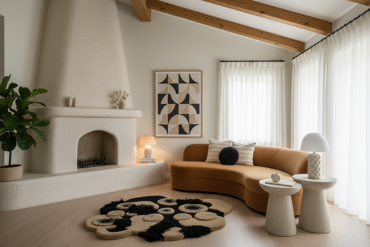 Modern living room with a fireplace, curved sofa, and decorative rug.
