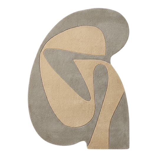 Abstract rug with geometric design in beige and gray on a white background