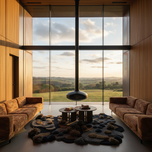 Modern living room with organic rug, with large windows overlooking a scenic landscape