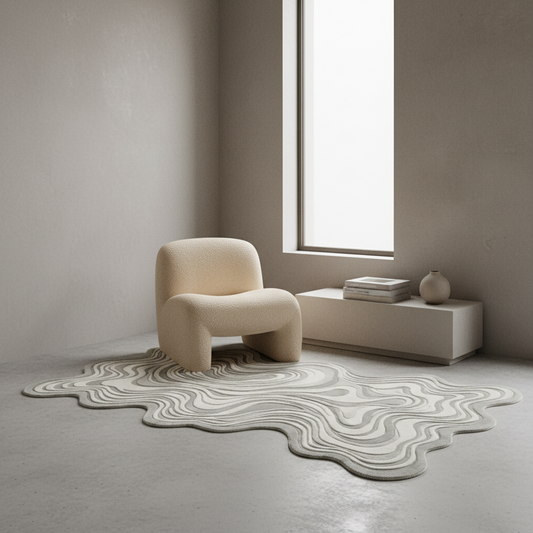 Modern beige chair on a unique patterned rug in a minimalistic room with a window.