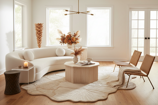 Modern living room with an organic floral rug, white sofa, coffee table, and chairs.