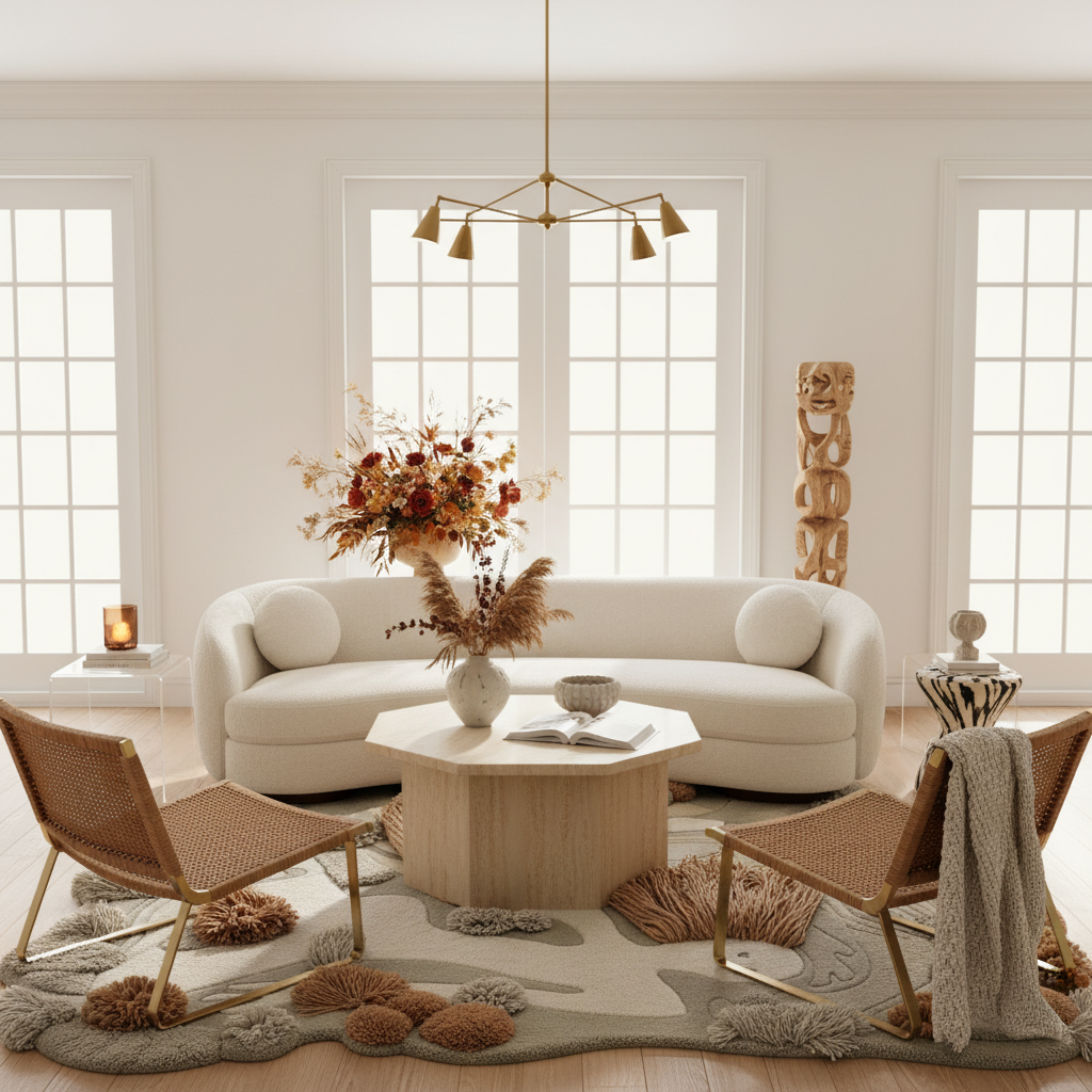 Modern living room with a beige sofa, modern organic 3D rug, wooden coffee table, and decorative elements.
