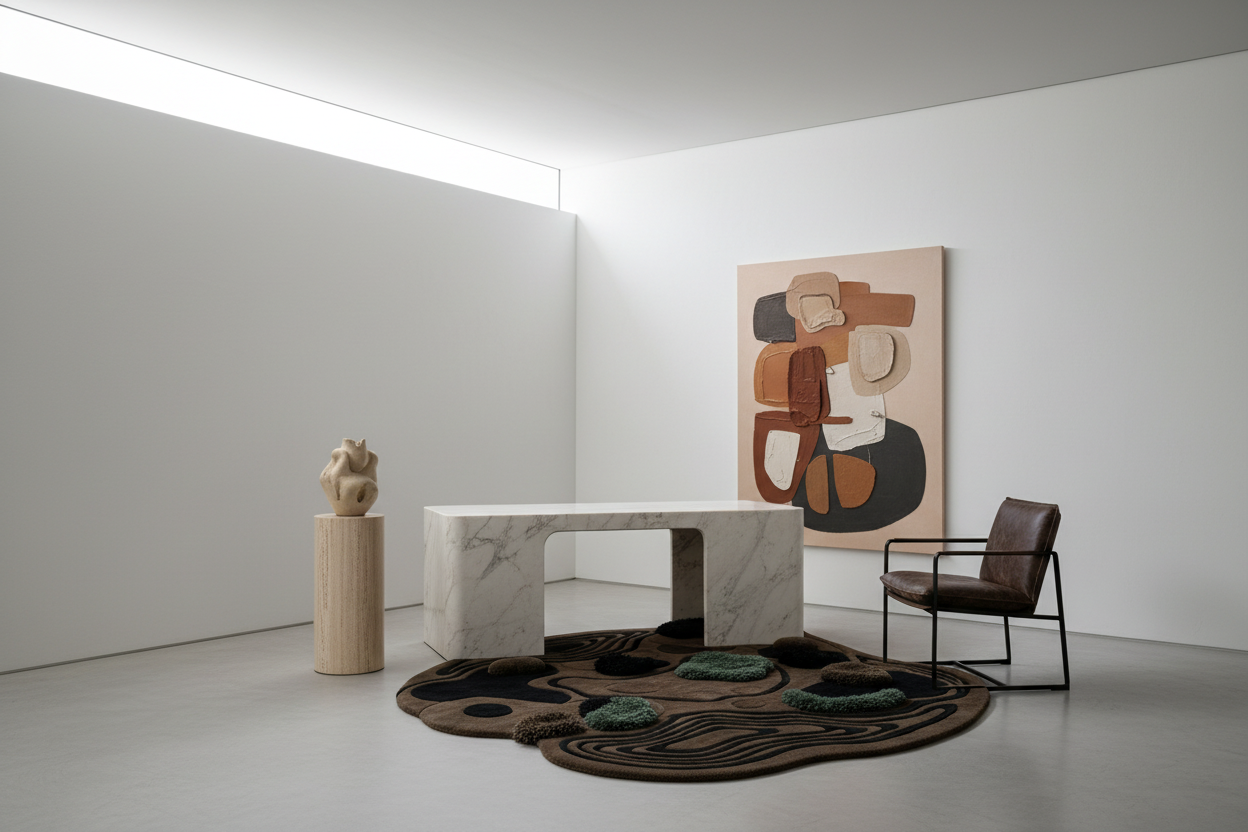 Modern interior with organic modern rug, marble table, abstract painting, and sculpture in a minimalistic setting.
