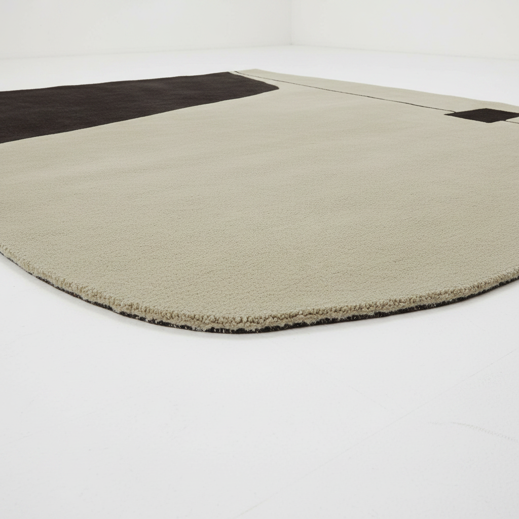 Round beige rug with black borders on a white background