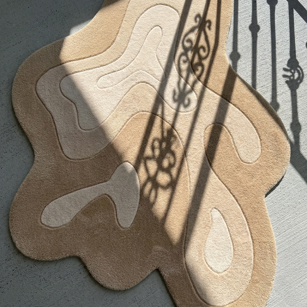 Beige abstract rug on a gray floor with decorative shadows.