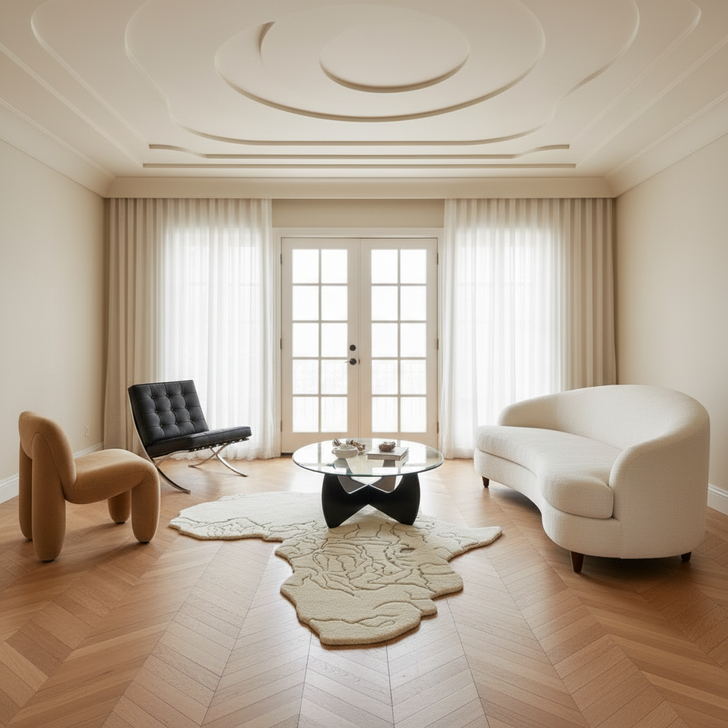 Modern living room with a white sofa, africa shape rug, black chair, and glass coffee table.