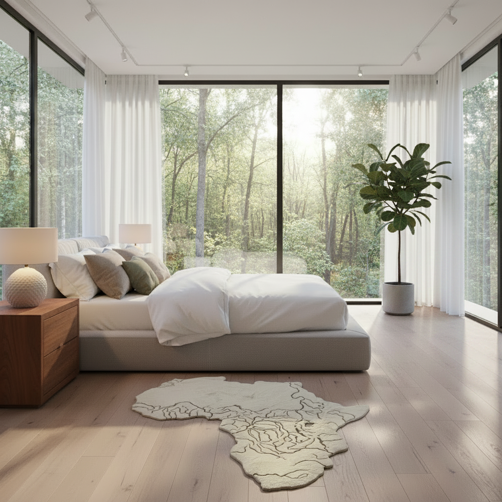 Modern bedroom with large windows, africa shape rug, bed, nightstands, and a plant.