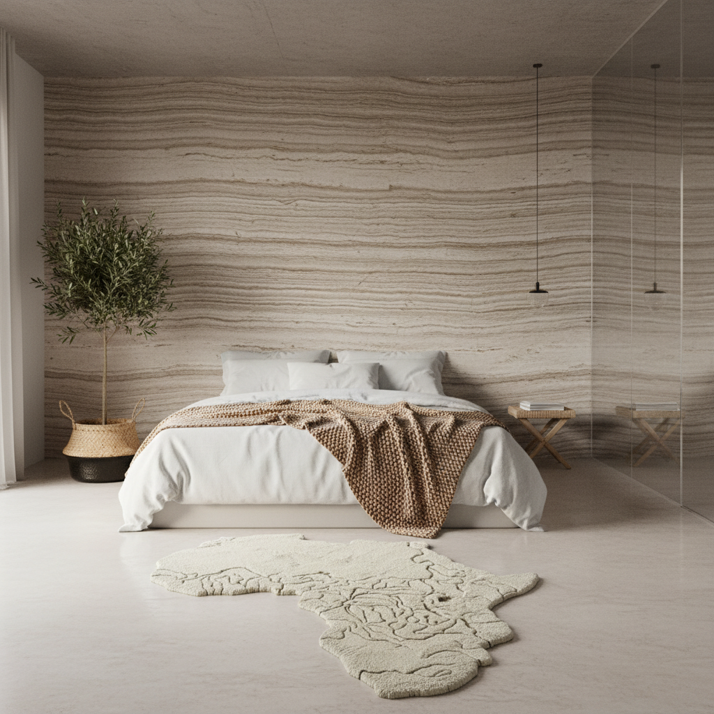 Modern bedroom with wooden wall, bed, and an africa shaped rug