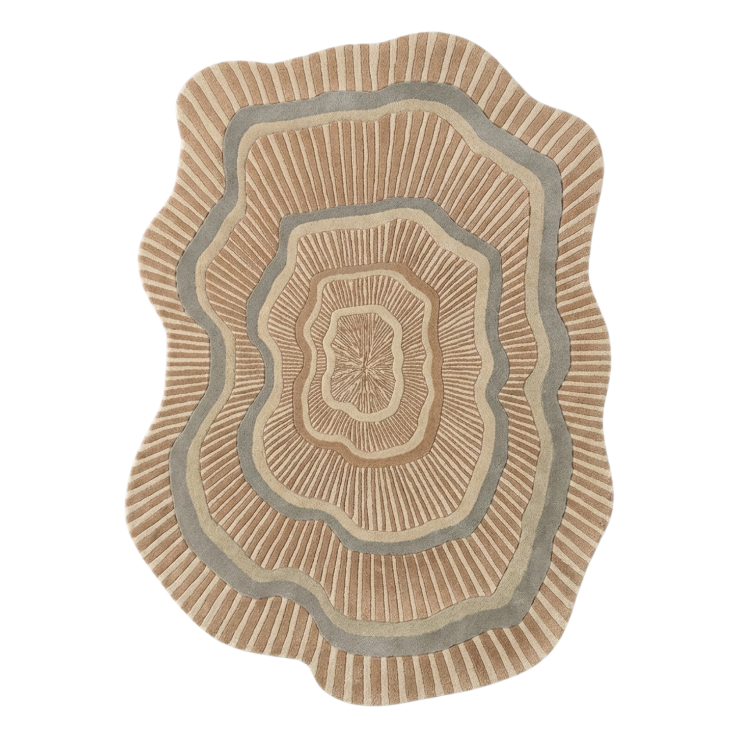 Round beige rug with concentric circle pattern on a white background