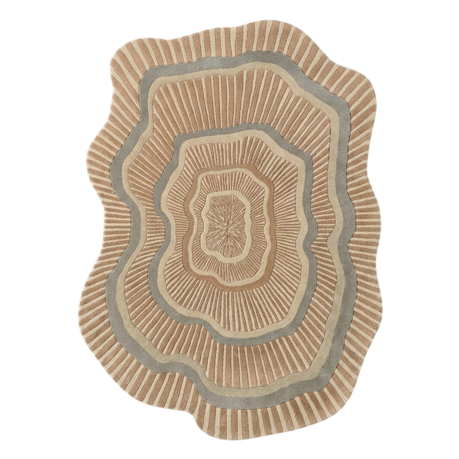 Round beige rug with concentric circle pattern on a white background