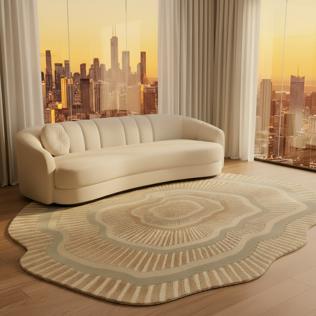 Beige sofa in a room with an organic shape modern contemporary rug, a large window view of a city skyline at sunset.