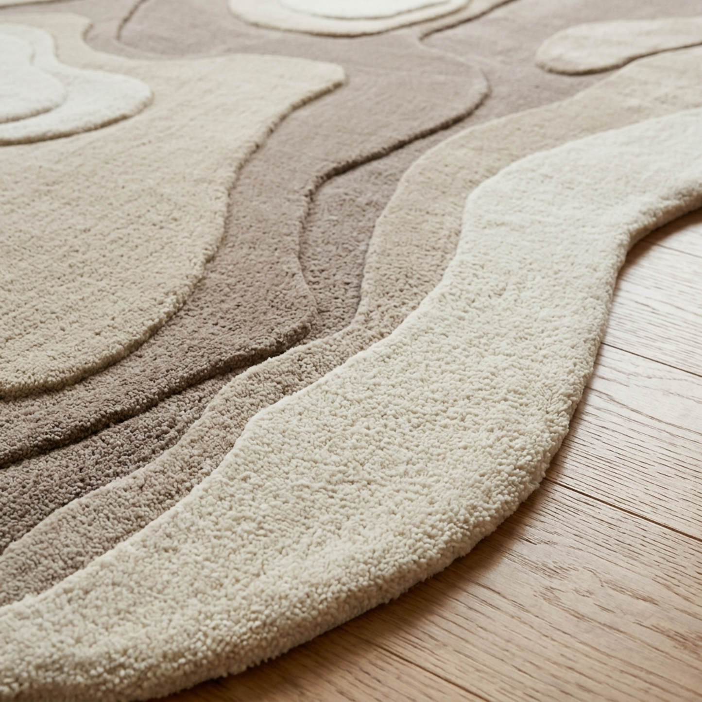 Close-up of a textured rug with wavy patterns on a wooden floor.