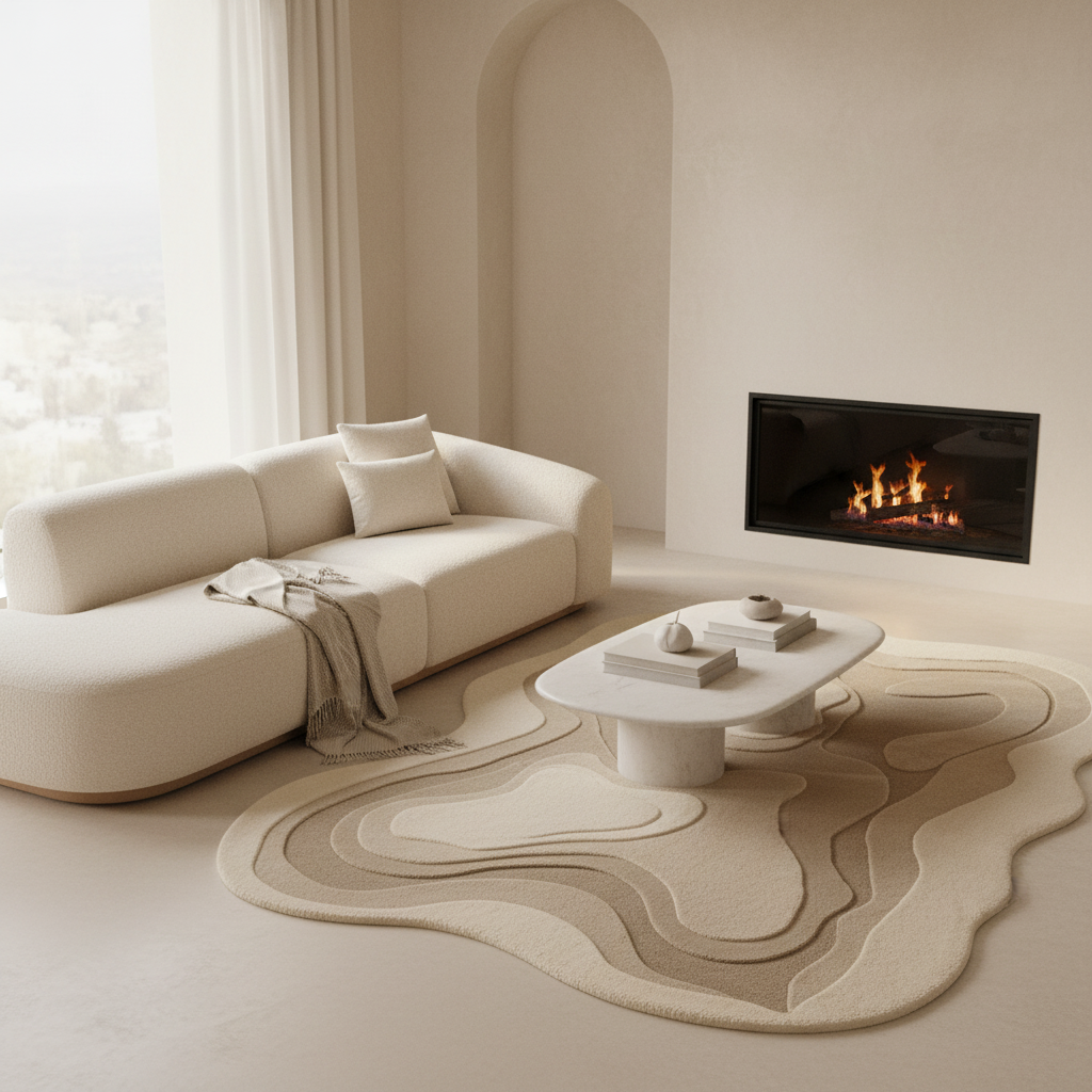 Modern living room with a white sofa, organic modern rug, coffee table, and fireplace.