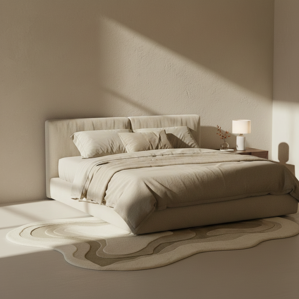 Beige bedroom with an organic modern rug, a bed and side table under soft lighting