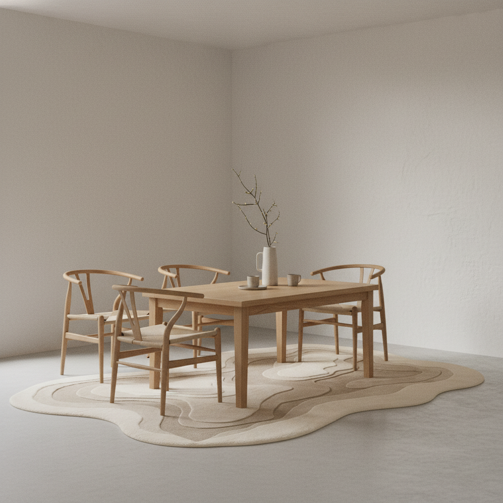 Wooden dining table with chairs in a minimalistic room with an organic modern rug.