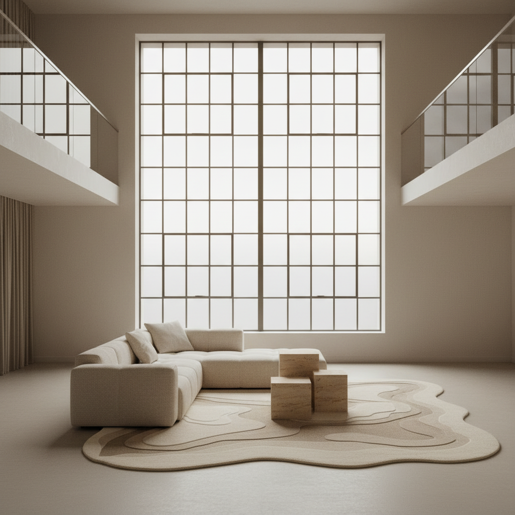 Modern living room with a large window, beige sofa, and abstract modern rug.