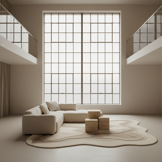 Modern living room with a large window, beige sofa, and abstract modern rug.