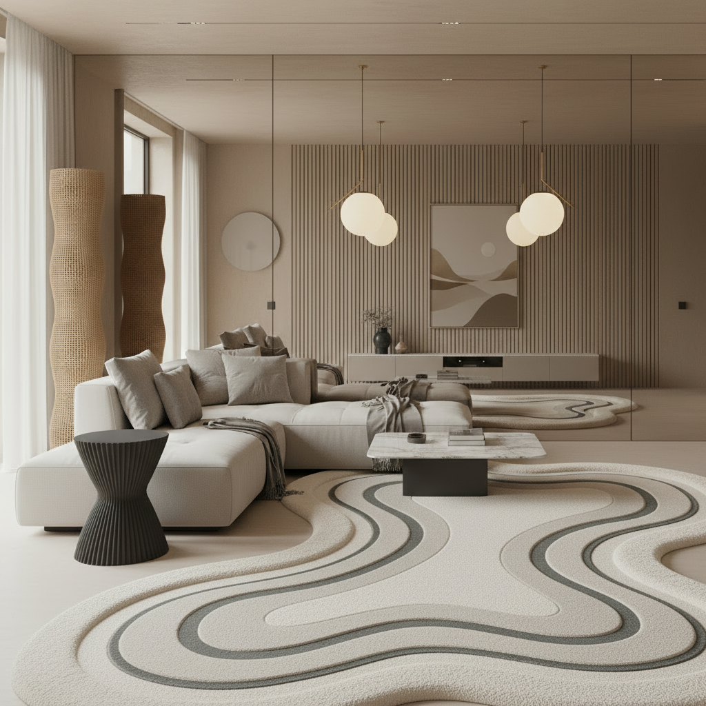 Modern living room with a beige sofa, coffee table, and decorative elements.