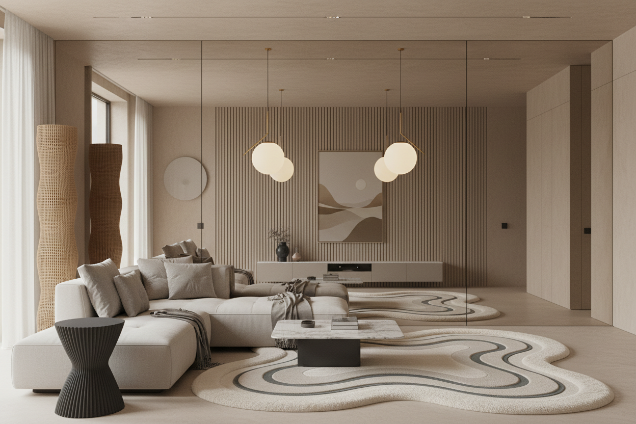 Modern living room with a beige sofa, coffee table, and decorative organic high low pile wool rug.