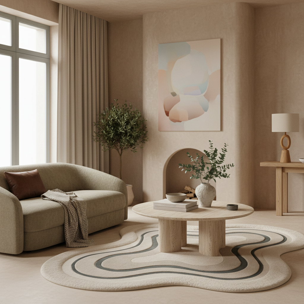 Modern living room with beige sofa, round coffee table, and abstract organic modern rug, art on the wall.