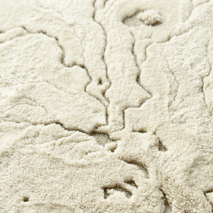 Textured beige rug with a pattern resembling a map on a white background