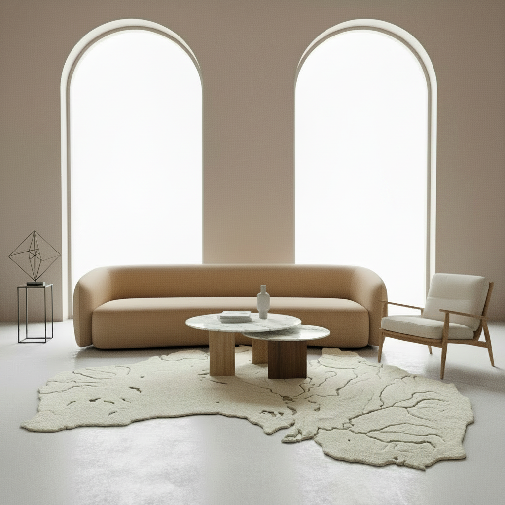 Modern living room with a beige sofa, round coffee table, organic shape rug,  and armchair.
