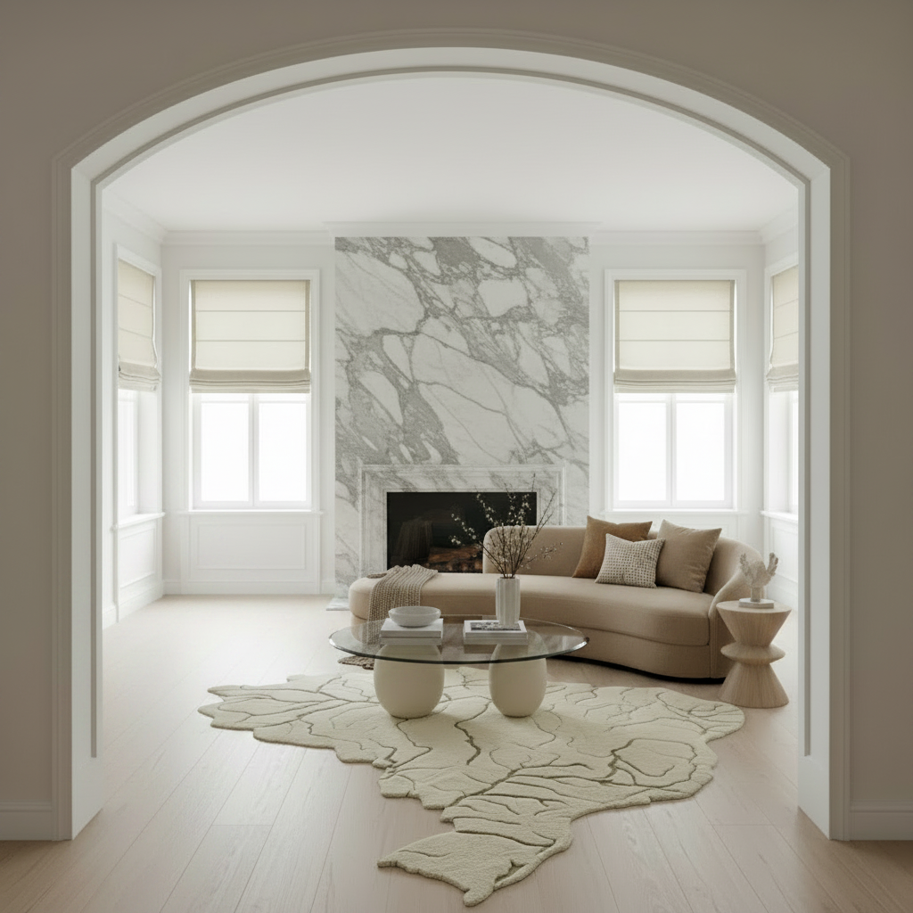 Modern living room with a beige sofa, marble fireplace, and decorative brazil map rug.