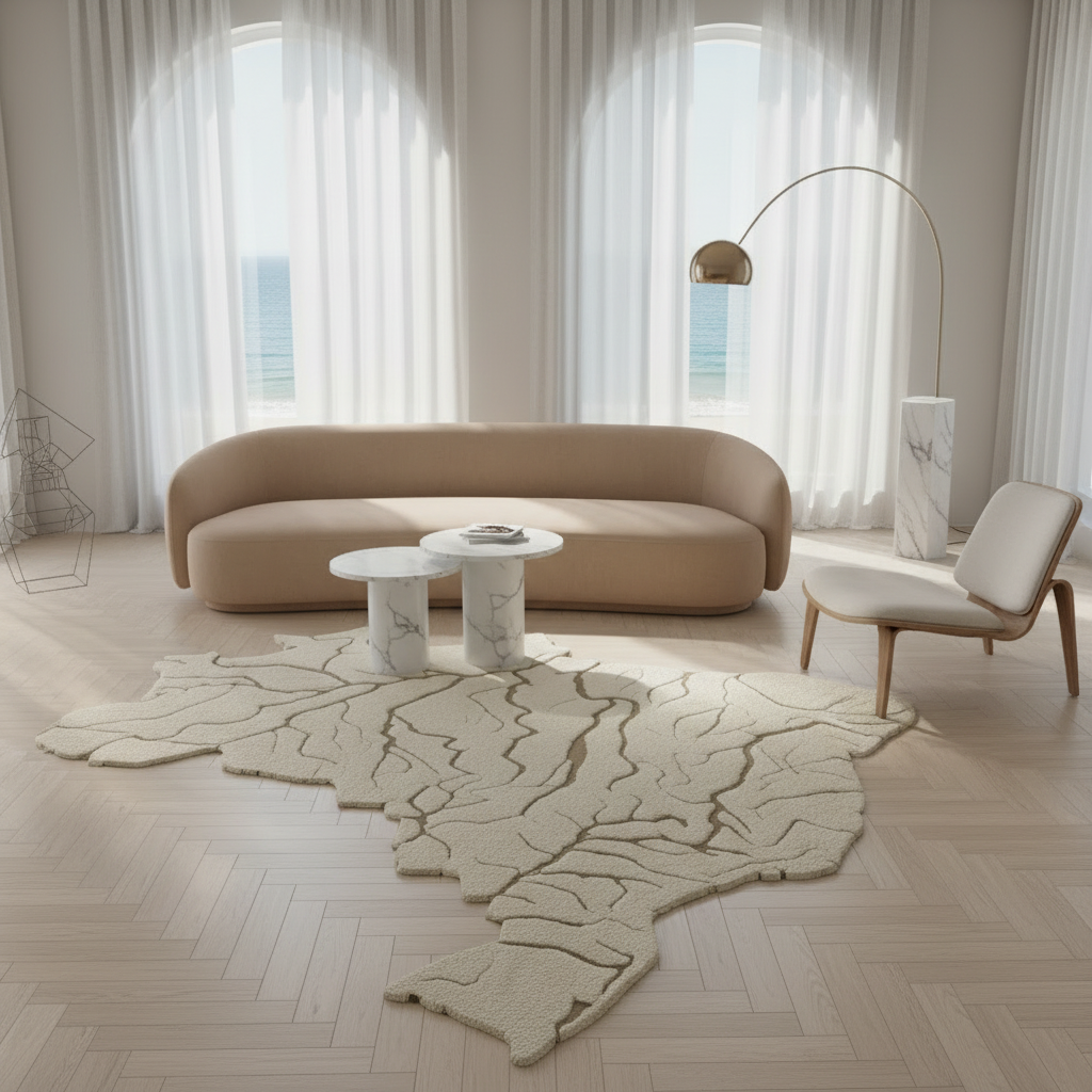 Modern living room with a beige sofa, coffee table, and chair on a patterned brazil shaped rug.