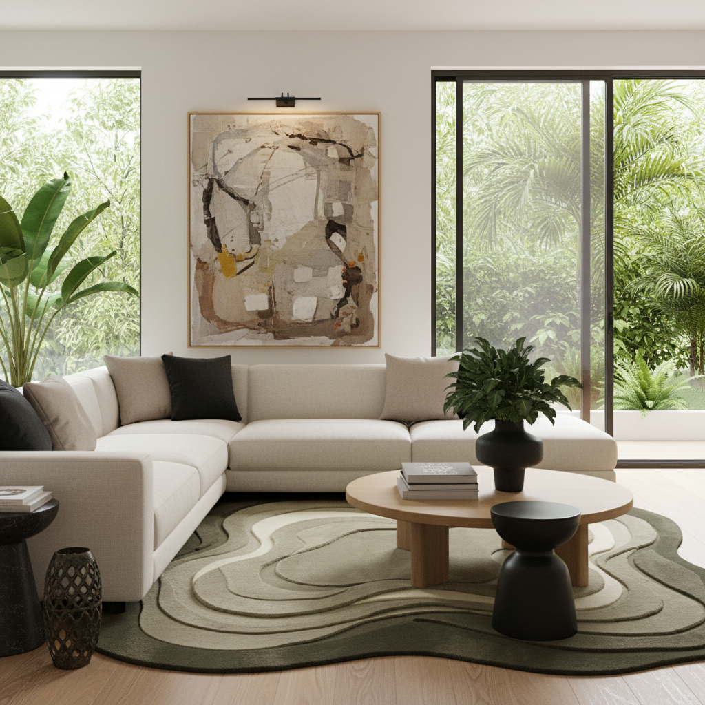 Modern living room with a sectional sofa, round coffee table, and abstract art on the wall.