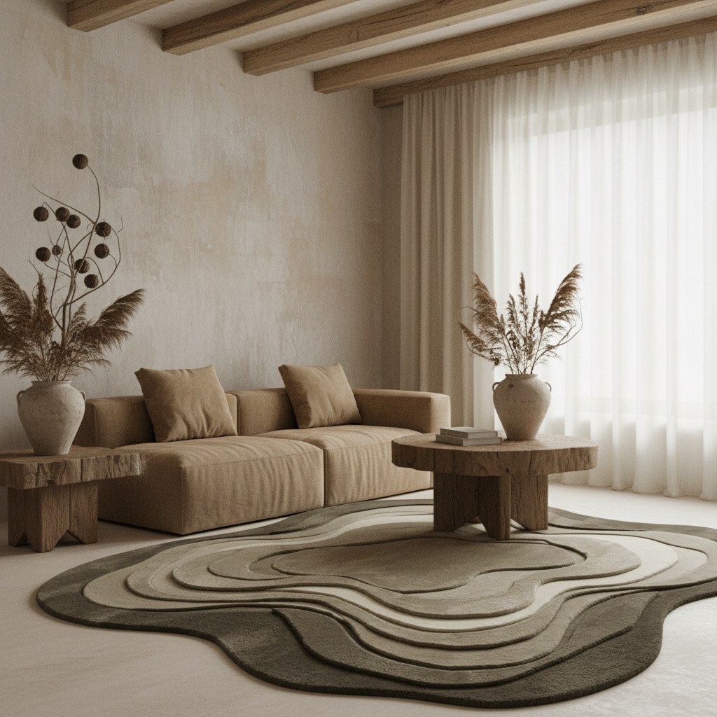Modern living room with a beige sofa, wooden coffee table, and decorative organic rug.