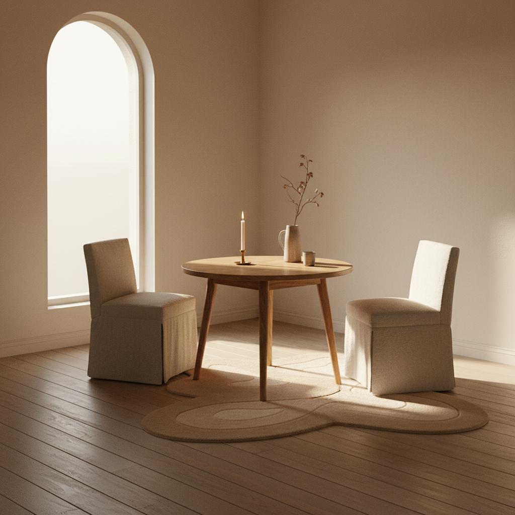 Minimalist interior with a wooden table, rug, and two chairs in a softly lit room.