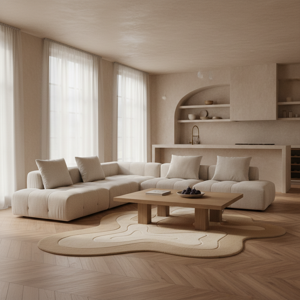 Modern living room with a beige sectional sofa, wooden coffee table, and decorative organic rug.