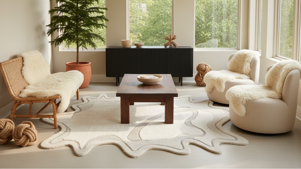 Modern living room with white furniture, a wooden coffee table, and decorative organic modern carving wool rug in gray sandy tone.