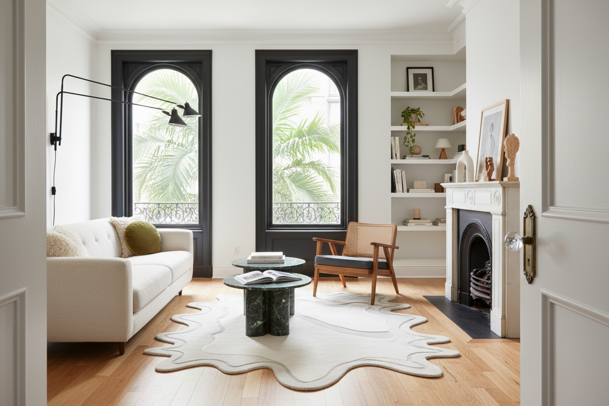 Modern living room with white sofa, coffee table, and decorative organic rug.