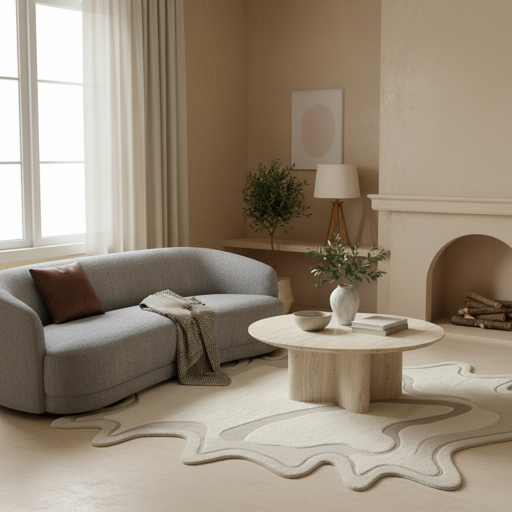 Modern living room with a gray sofa, round coffee table, and decorative organic rug.