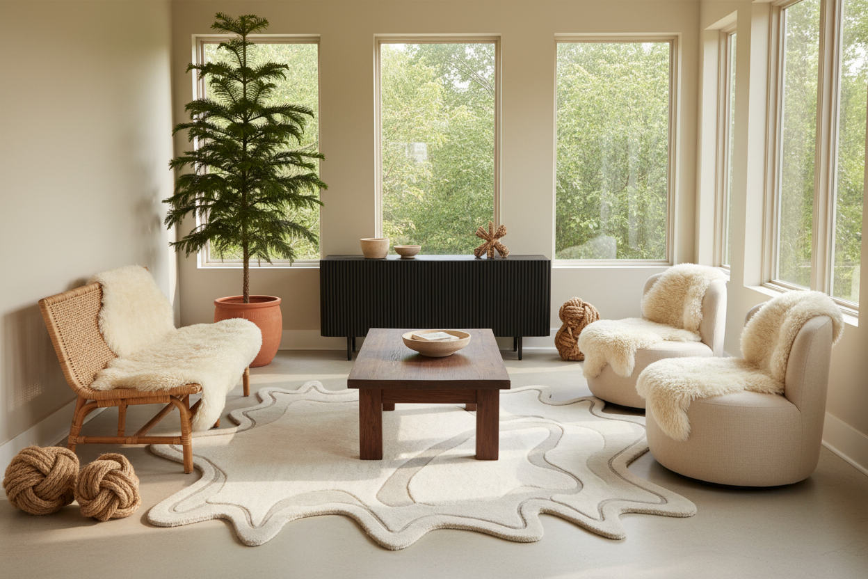 Modern living room with white furniture, a coffee table, and large windows.
