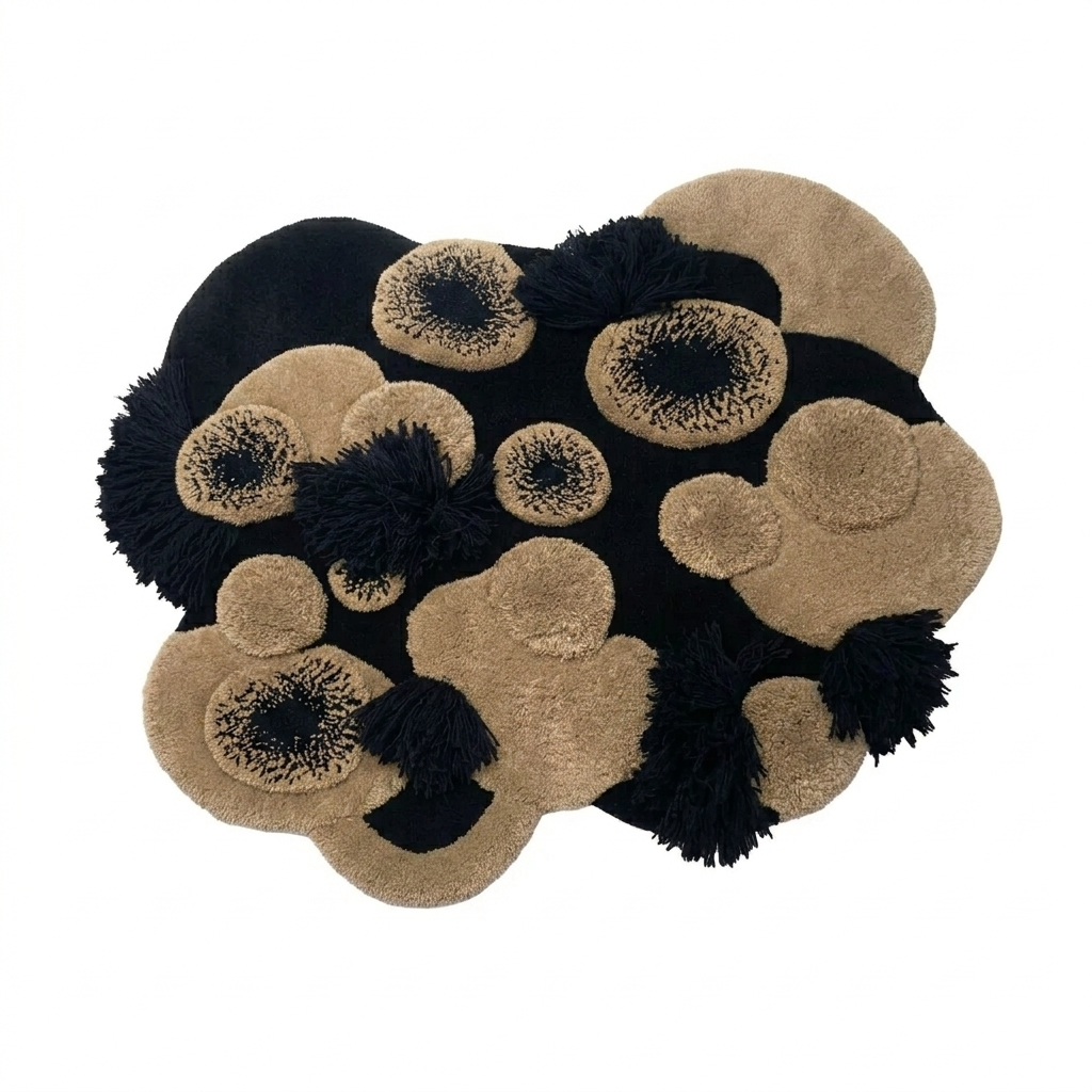 Round rug with black and beige circular patterns on a white background