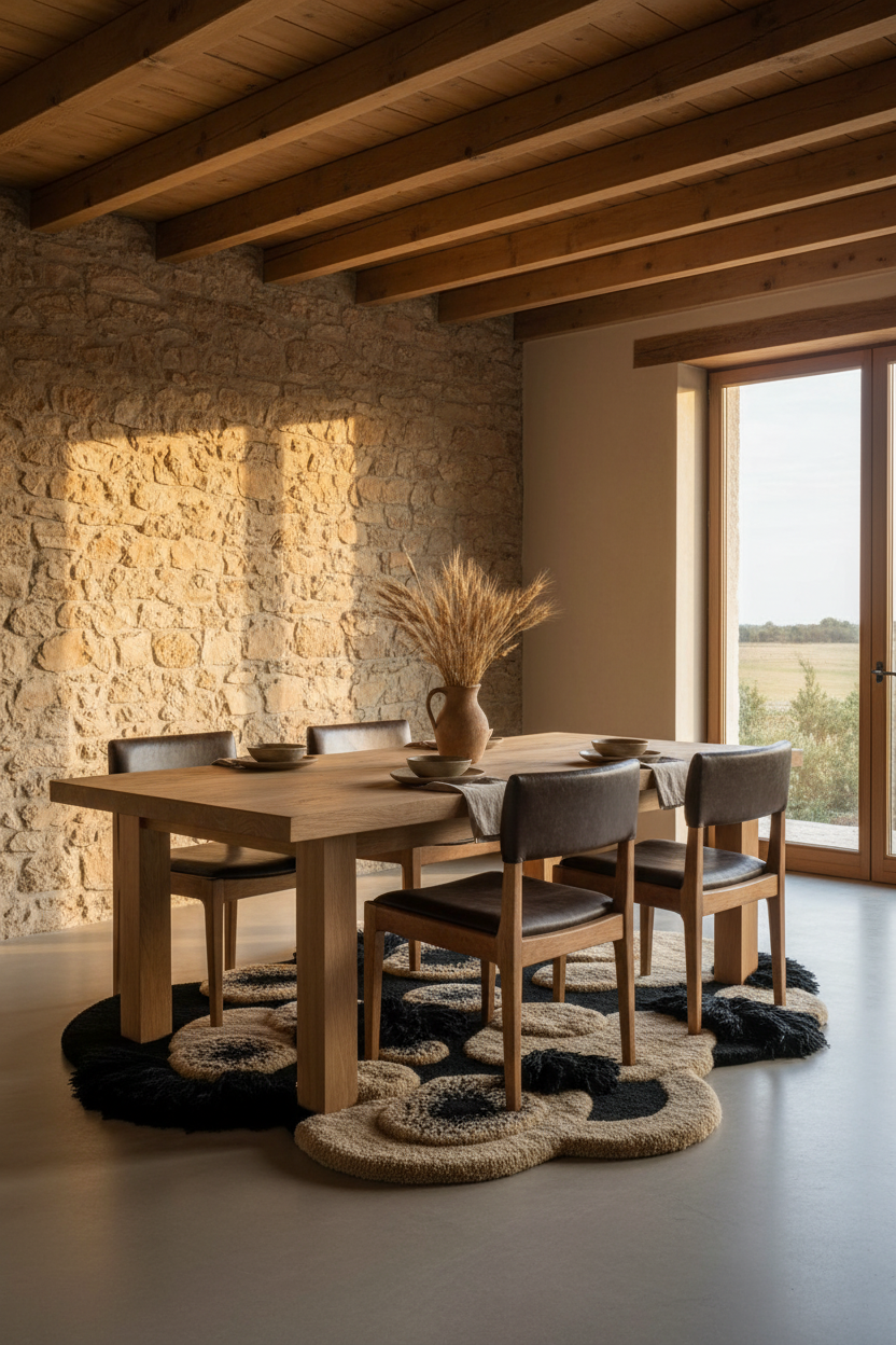 Dining area with wooden table and chairs in a room with stone walls and organic modern high low wool rug in dark umber tone