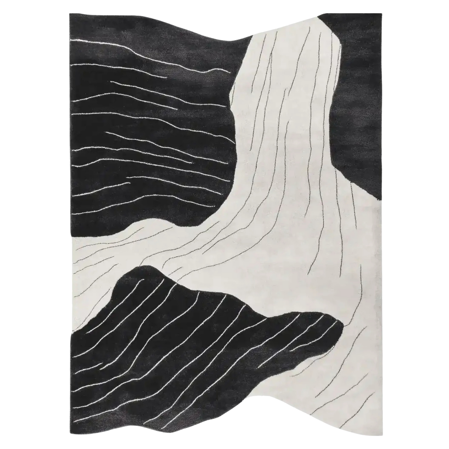 Black and white abstract patterned rug on a plain background