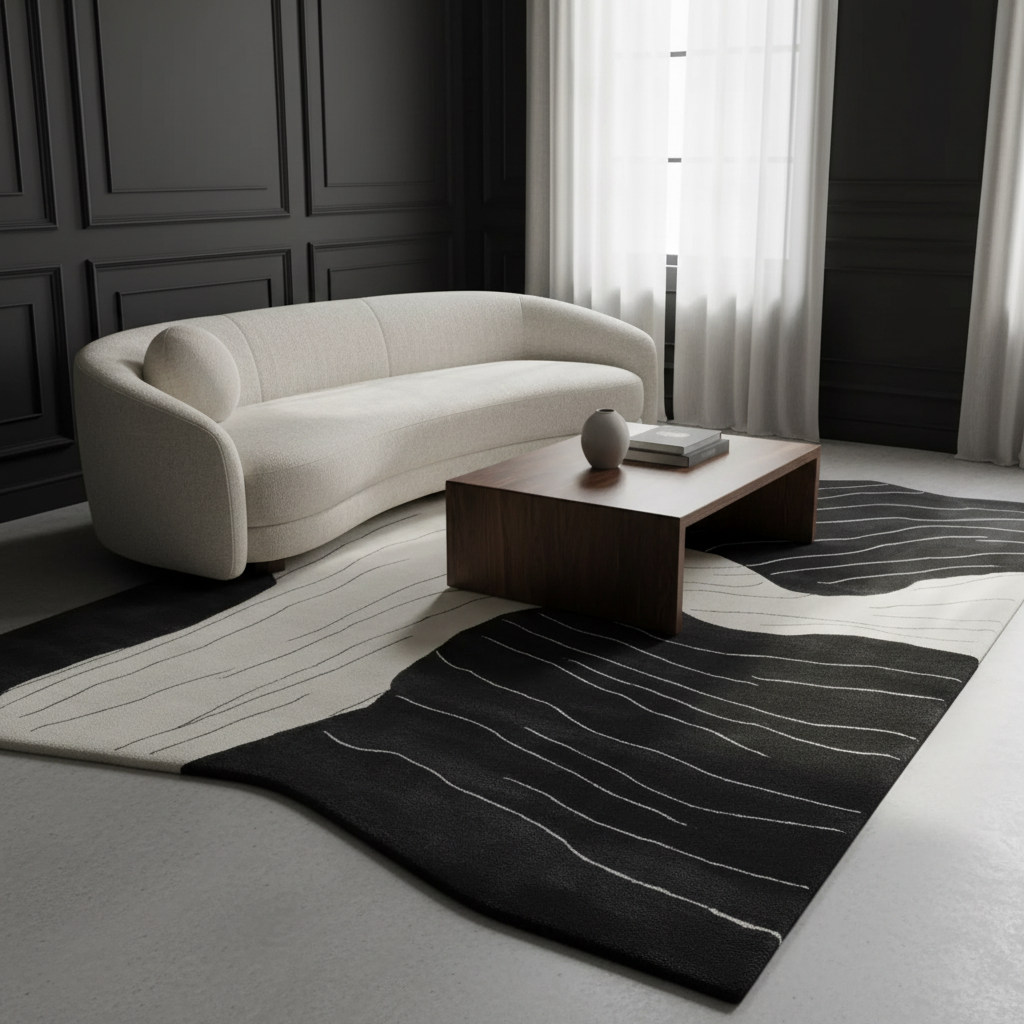 Modern living room with a white sofa, wooden coffee table, and a black and white patterned rug.