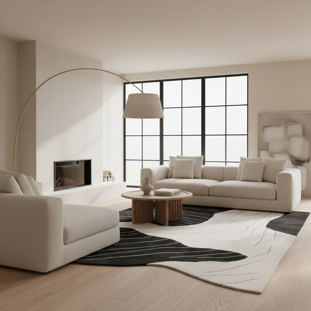 Modern living room with white sofas, a black and white organic shape rug, a coffee table, and a large window.