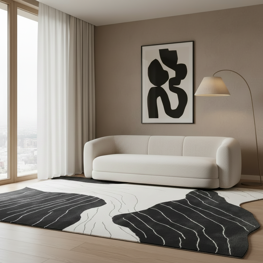 Modern living room with a beige sofa, abstract art, and a patterned rug.