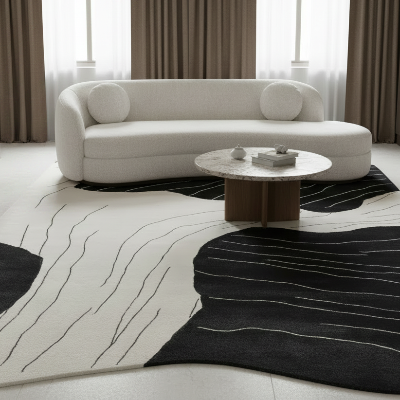 Modern living room with a white sofa, round coffee table, and black and white patterned rug.