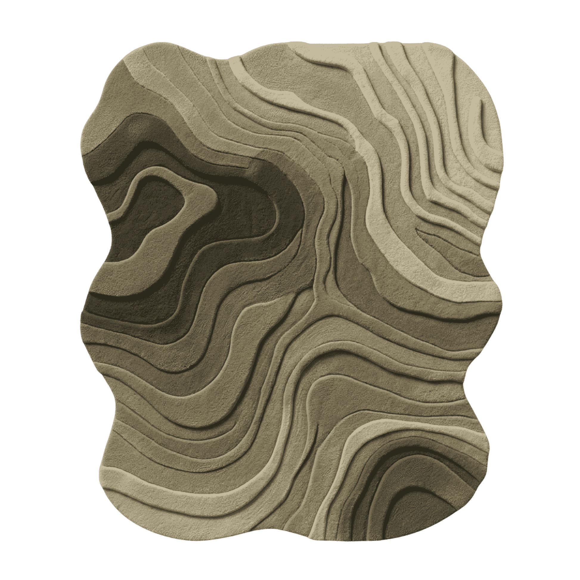 Wavy, layered rug with a neutral color palette on a white background