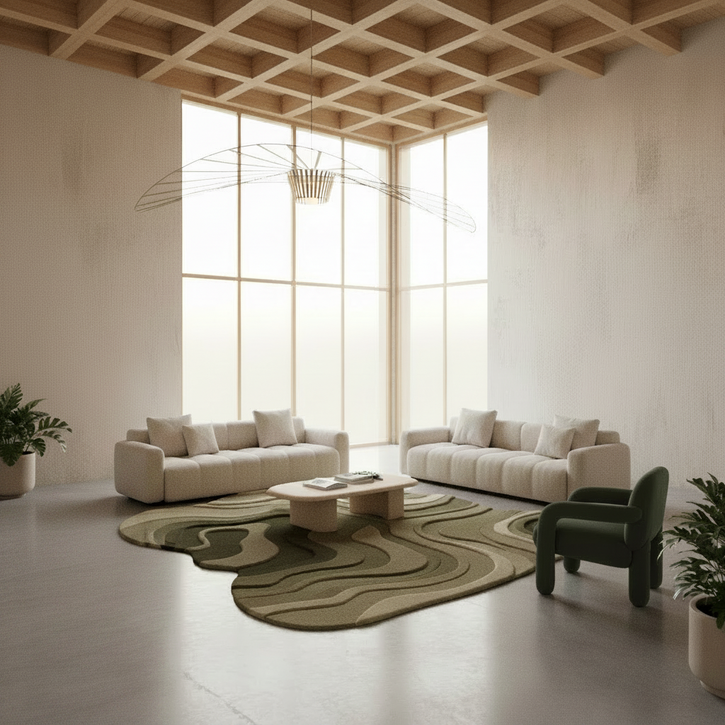 Modern living room with beige sofas, a green armchair, and a patterned layered green rug.