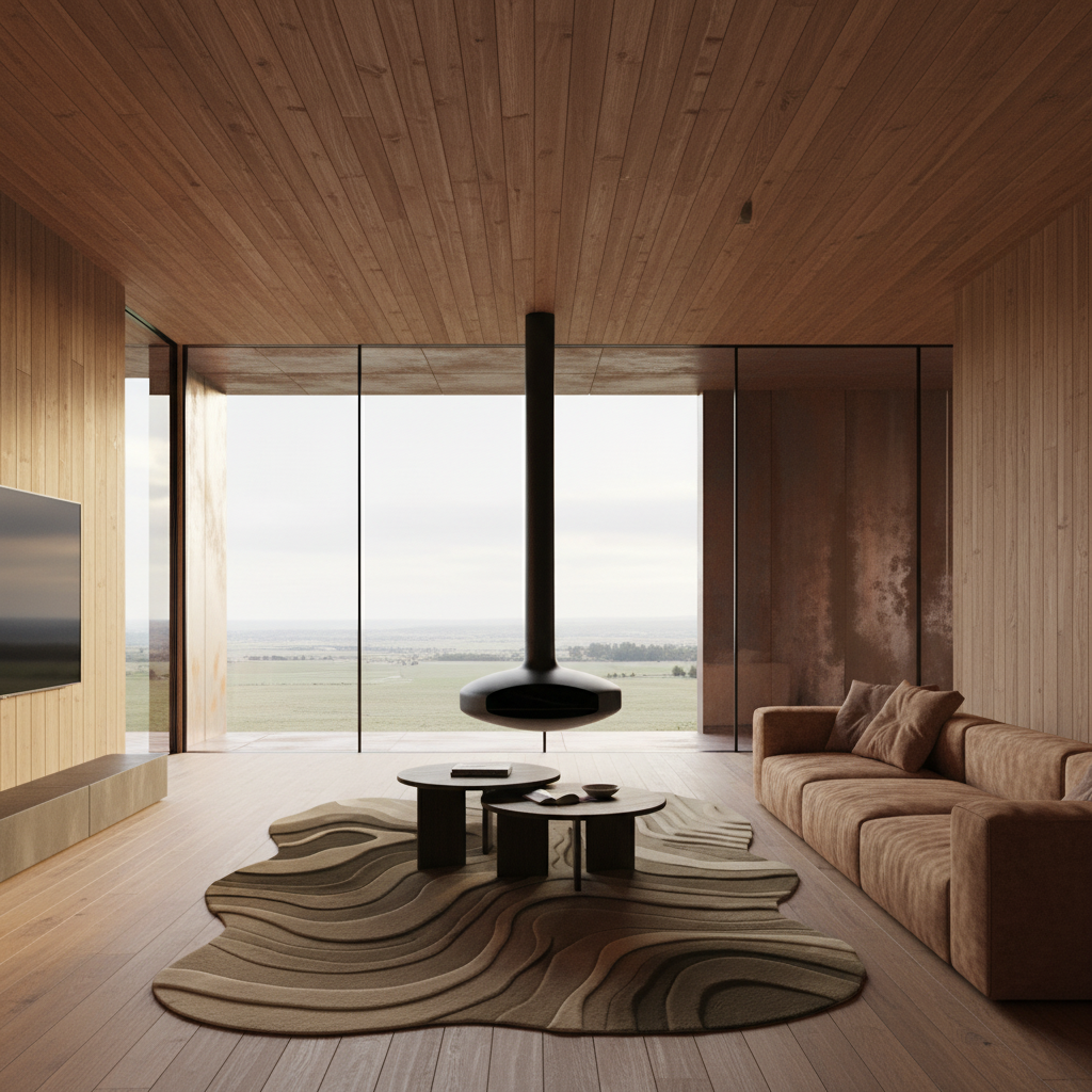 Modern living room with wooden walls, ceiling, and floor, featuring a sofa, organic layered rug, and coffee table.