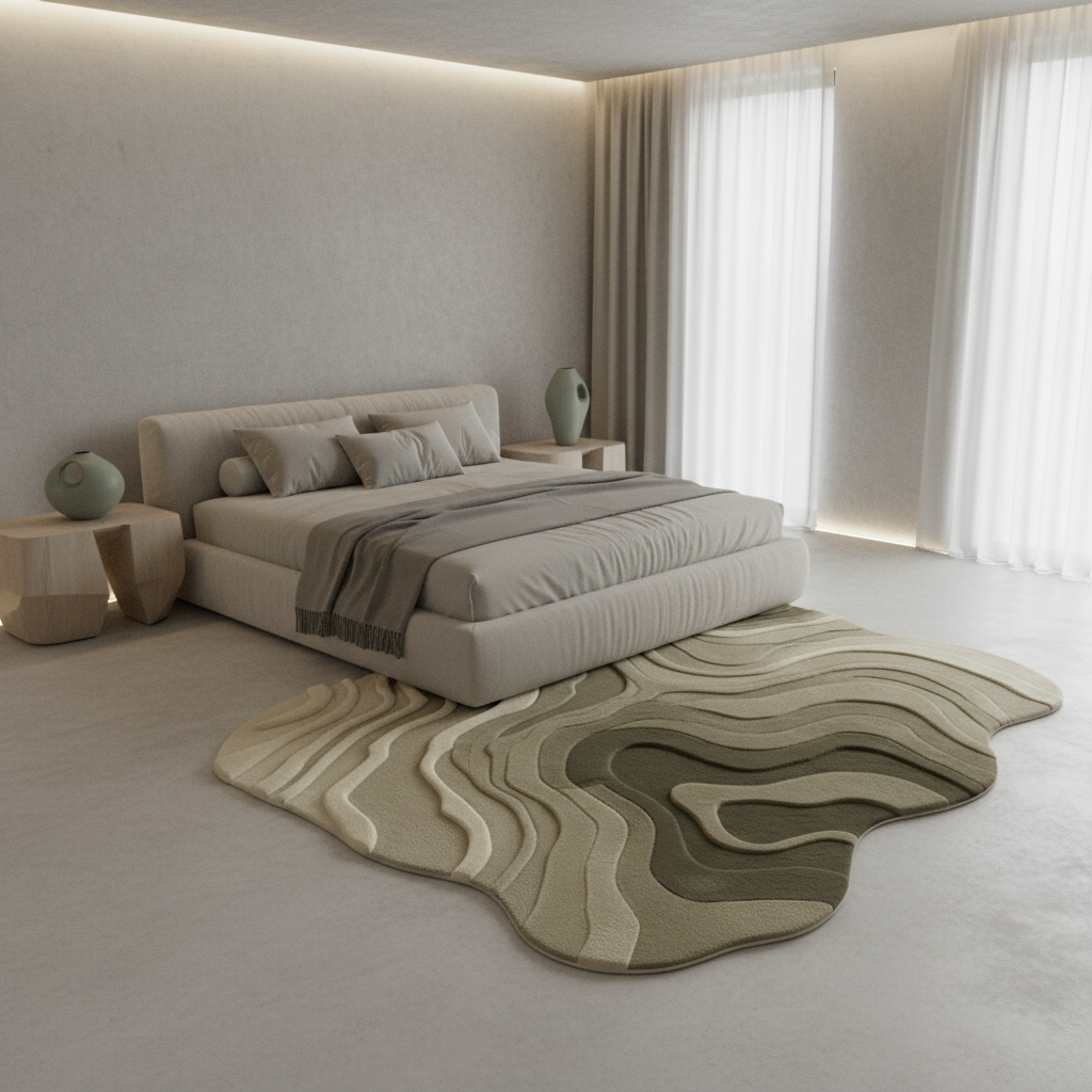 Modern bedroom with a bed, carving layered rug, and side tables in neutral tones.